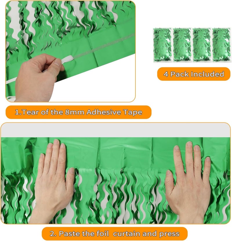 KEEUH 4Pcs Wavy Green Fringe Backdrop -3.3x6.6ft Green Streamer Foil Curtains for Jungle Party Decorations | St Patricks Day Decorations | Football Decorations | Xmas - Image 3